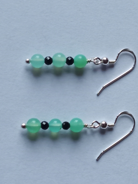 silver earrings-ear wires with chrysoprase and tourmaline beads-green and black colour-