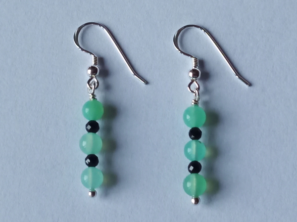 silver earrings-ear wires with chrysoprase and tourmaline beads-green and black colour