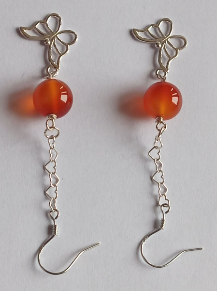 silver earrings-ear wires with red carnelian beads and butterfly with chain---