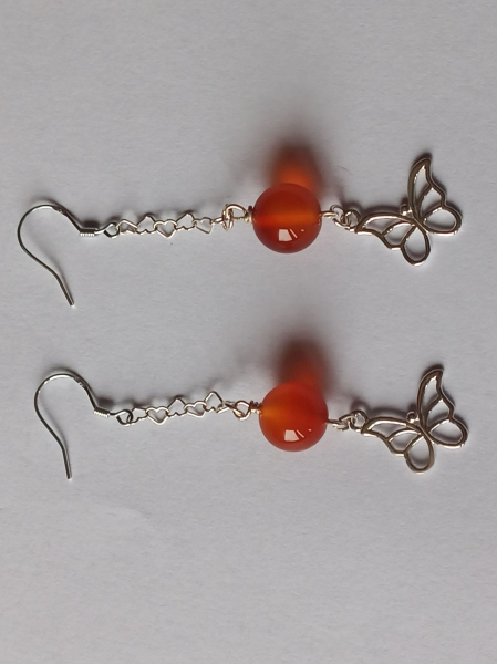 silver earrings-ear wires with red carnelian beads and butterfly with chain--