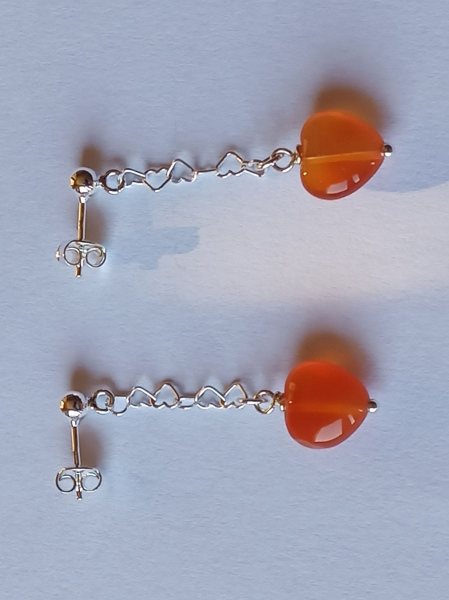 silver earrings-ear studs with carnelian heart and chain--