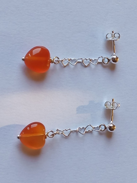 silver earrings-ear studs with carnelian heart and chain-