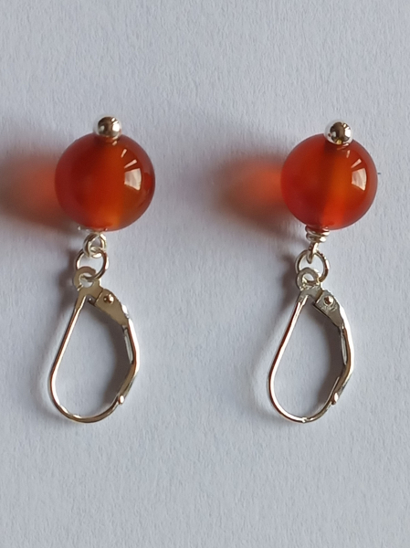 silver earrings-leverbacks with red carnelian beads---