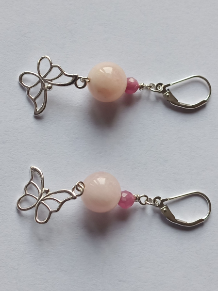 silver earrings-leverbacks with jmorganite and tourmaline beads and butterfly-the colour is pink-