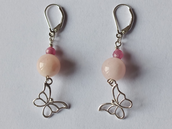silver earrings-leverbacks with jmorganite and tourmaline beads and butterfly-the colour is pink