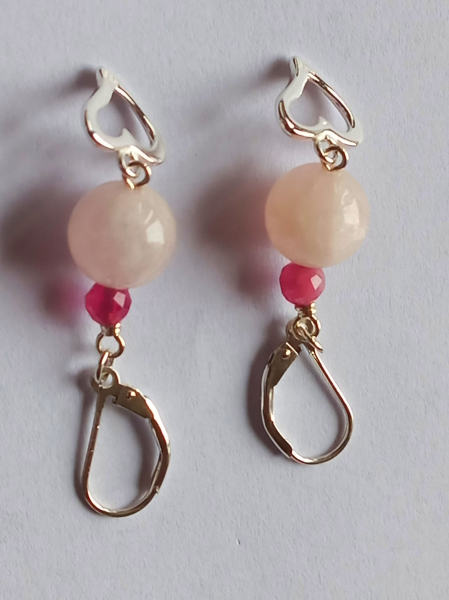 silver earrings-leverbacks with morganite and tourmaline beads and heart-the colour is pink---