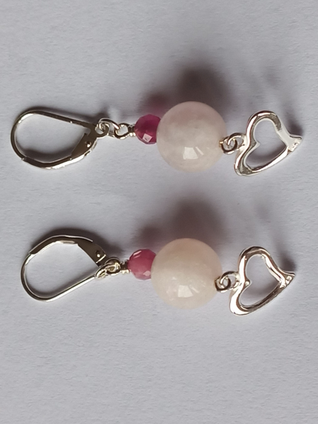 silver earrings-leverbacks with morganite and tourmaline beads and heart-the colour is pink--