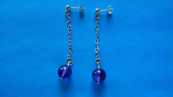 silver earrings-ear studs with amethyst beads and chain