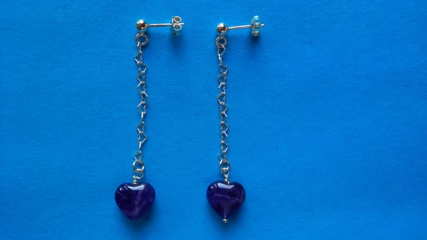 silver earrings-ear studs with amethyst heart and chain