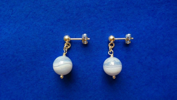 silver earrings-ear studs with blue chalcedony beads