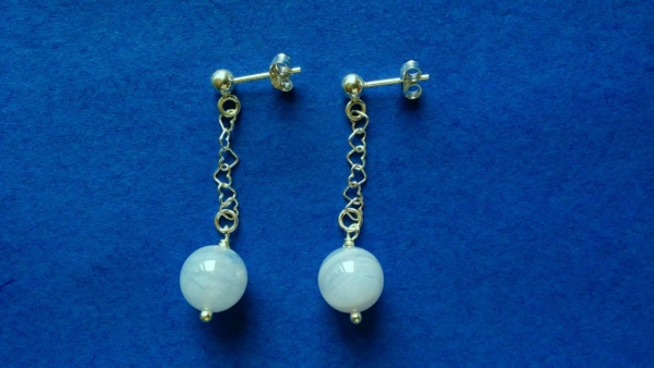 silver earrings-ear studs with blue chalcedony beads and chain