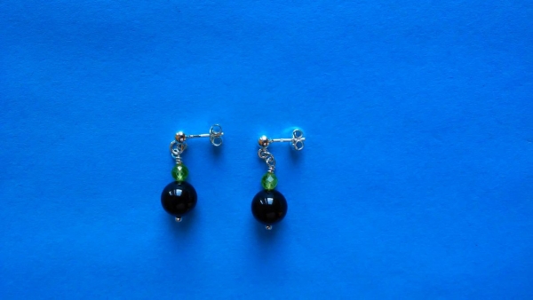 silver earrings-ear studs with tourmaline and peridot beads-black and green colour