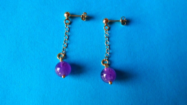 gold plated silver earrings-ear studs with purple amethyst beads and chain