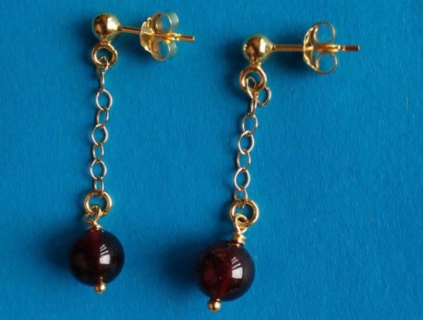 gold plated silver earrings-ear studs with red garnet beads and chain