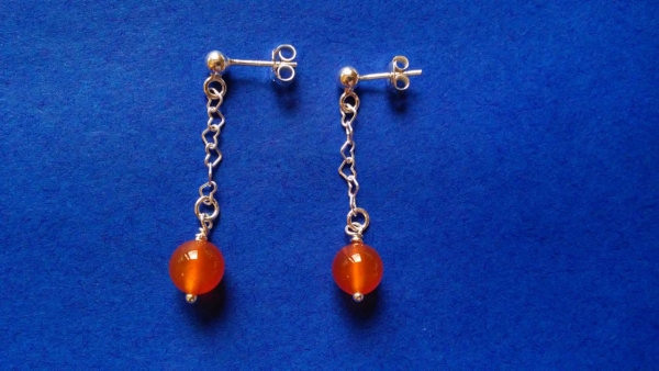 silver earrings-ear studs with red carnelian beads and chain