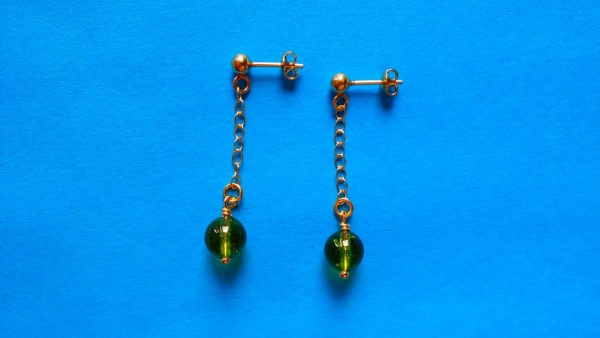 silver earrings-ear studs with green peridot beads and chain