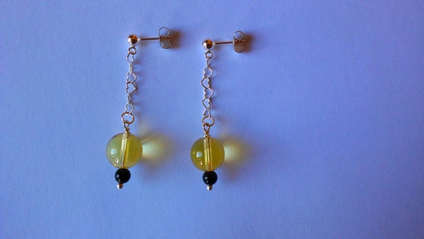 silver  chain earrings-ear studs with citrine and onyx beads-colour is yellow and black