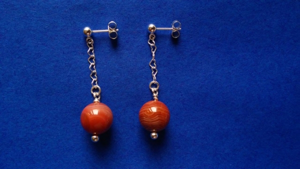 silver earrings-ear studs with red sardonyx beads and chain