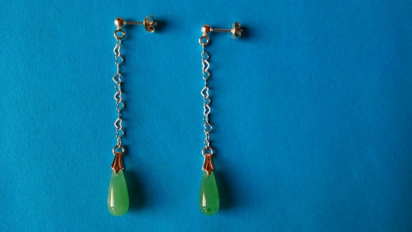 silver earrings-ear studs with green aventurine drops and chain