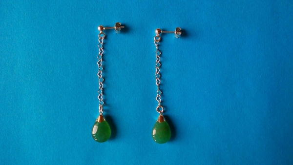 silver earrings-ear studs with green aventurine drops and chain
