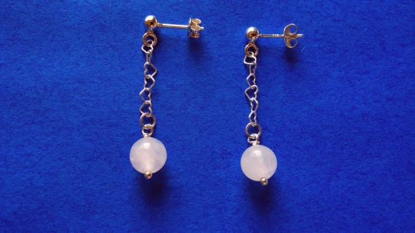 silver earrings-ear studs with pink rose quartz beads and chain