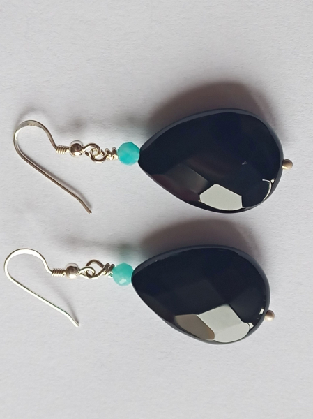 silver earrings-ear wires with turquoise amazonite beads and black onyx drops--