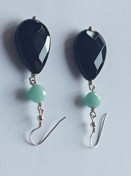 silver earrings-ear wires with turquoise amazonite beads and black onyx drops---