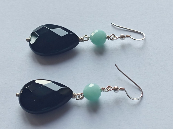 silver earrings-ear wires with turquoise amazonite beads and black onyx drops-