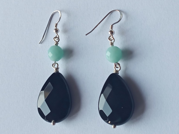 silver earrings-ear wires with turquoise amazonite beads and black onyx drops