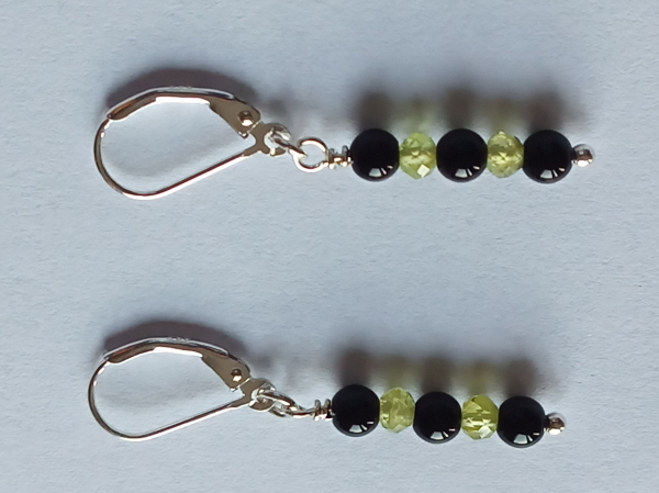 silver earrings-leverbacks with onyx and peridot beads-the colours are green and black--