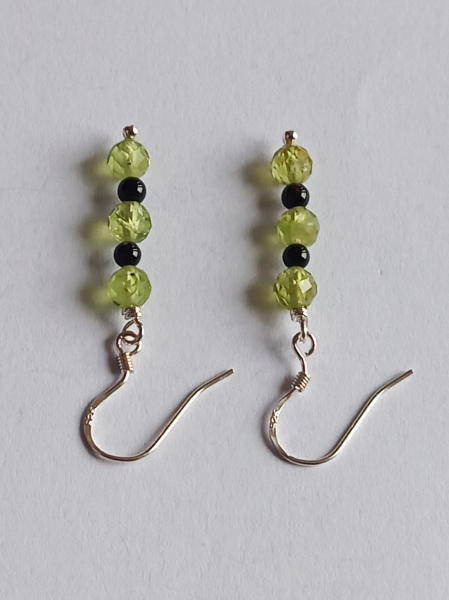 silver earrings-ear wires with peridot and onyx beads-green and black colour---