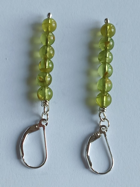 silver earrings-leverbacks with green peridot beads---
