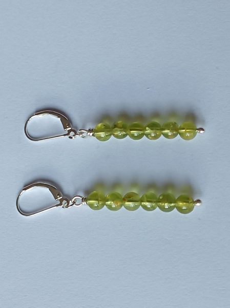 silver earrings-leverbacks with green peridot beads--