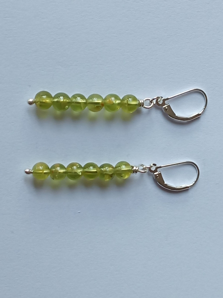 silver earrings-leverbacks with green peridot beads-