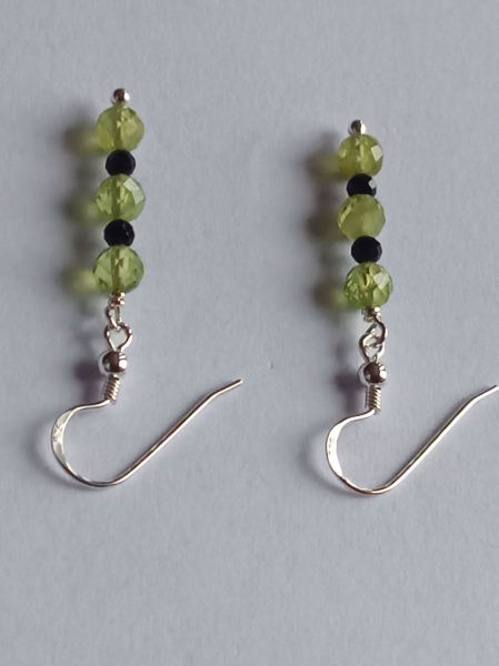 silver earrings-ear wires with peridot and tourmaline beads-green and black colour---