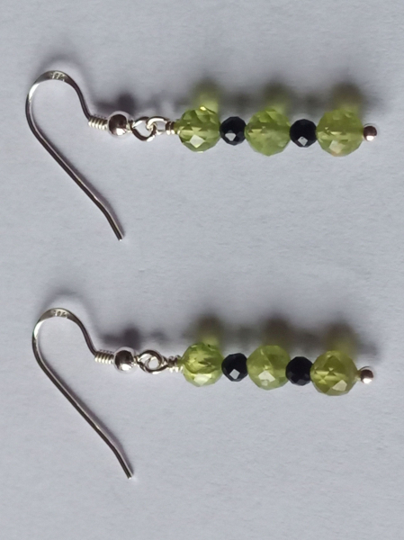 silver earrings-ear wires with peridot and tourmaline beads-green and black colour--