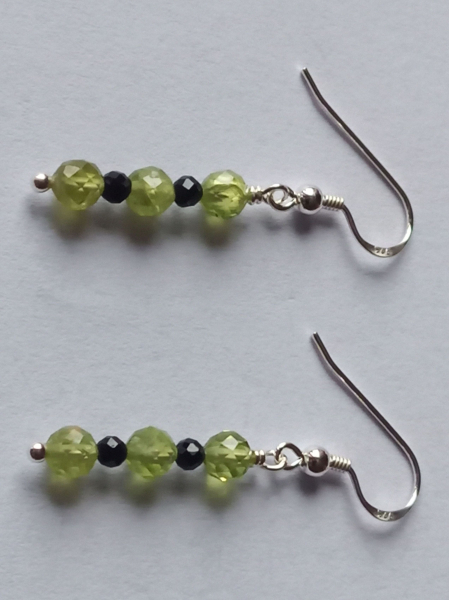 silver earrings-ear wires with peridot and tourmaline beads-green and black colour-