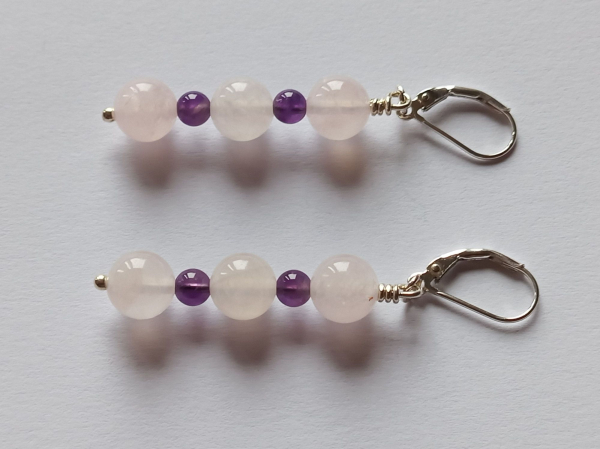 earrings-sterling silver-pink-purple-rose quartz-amethyst--