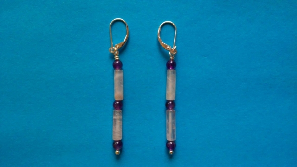 silver earrings-leverbacks with rose quartz tubes and amethyst beads-the colours are pink and purple