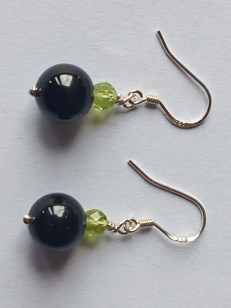 silver earrings-ear wires with tourmaline and peridot beads-the colour is black and green-