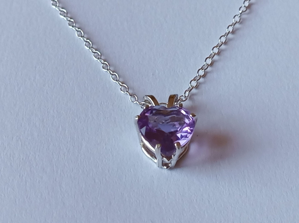 silver chain with purple amethyst heart pendant-anchor chain 45 cm--